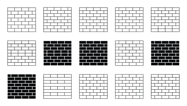 Seamless brick wall patterns in various architectural styles including black and white lines and solid textures for construction backgrounds