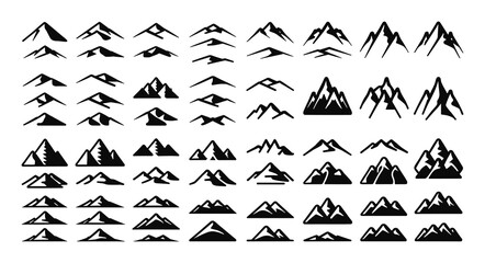 Fototapeta premium Set of black and white mountain icons and symbols for outdoor adventure and hiking graphic design projects with mountain, adventure