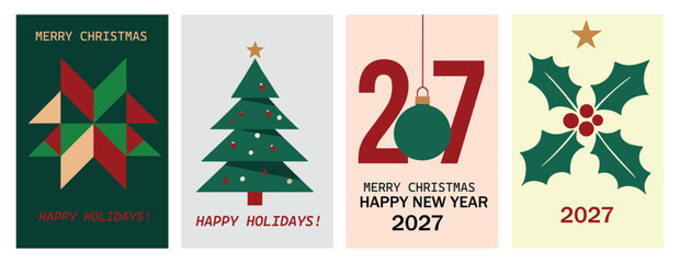 Set of four holiday greeting cards with christmas tree ornament and holly berry designs twenty seven christmas greeting ornament © VectorVibe Studio