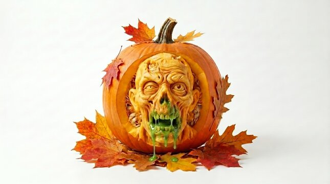 A carved pumpkin with a detailed zombie face sculpture surrounded by autumn leaves. Halloween Theme