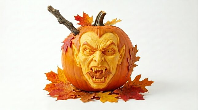 Halloween Vampire Pumpkin Carving Biting a Bat with Wooden Stake Driven Into Head Isolated on White