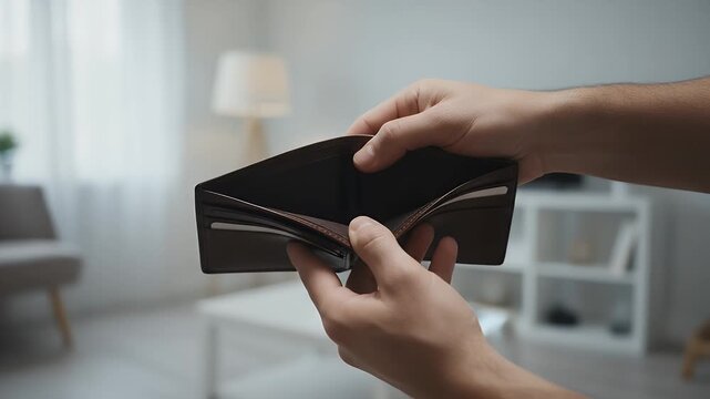A person holding an empty brown leather wallet showing financial struggle and lack of money due to economic hardship during a difficult period of time