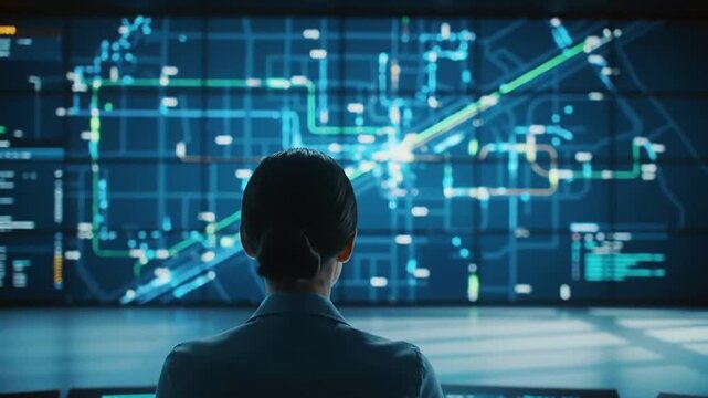 Futuristic Command Center For Smart City Logistics With Advanced Data Visualization Interface Technology
