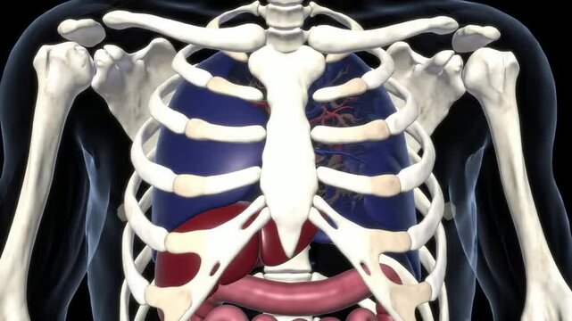 High-Contrast Medical Animation Detailing Transparent Skin Revealing Internal Organs Including Ribs, Lungs, and Digestive System in 4K Resolution