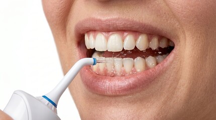 Fototapeta premium Closeup of person using water flosser to clean lower teeth and gumline, showing open mouth, wet droplets, white enamel, pink gums, lips, smile, handheld nozzle detail