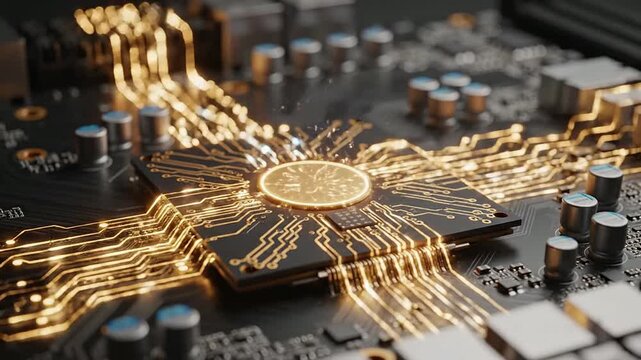 Macro Close-Up Shot of a Futuristic AI Processing Chip on a Complex Circuit Board Showcasing Intricate Details and Advanced Technology