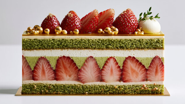 matcha strawberry layer cake cross section on white background