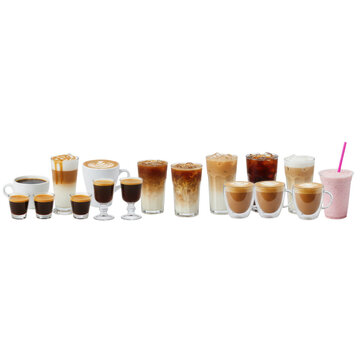 Sixteen distinct coffee and espresso beverages, from steaming lattes with art to iced frappes with condensation, styled on a transparent studio background with copy space. Ultimate coffee menu concept