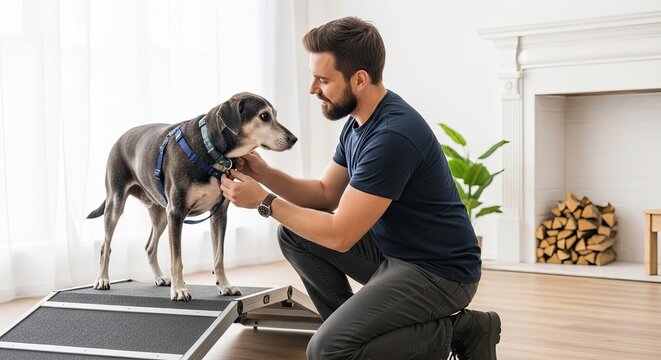 a man in a dark blue shirt helps a dog walk on a ramp in a room with a fireplace and wood pile anima