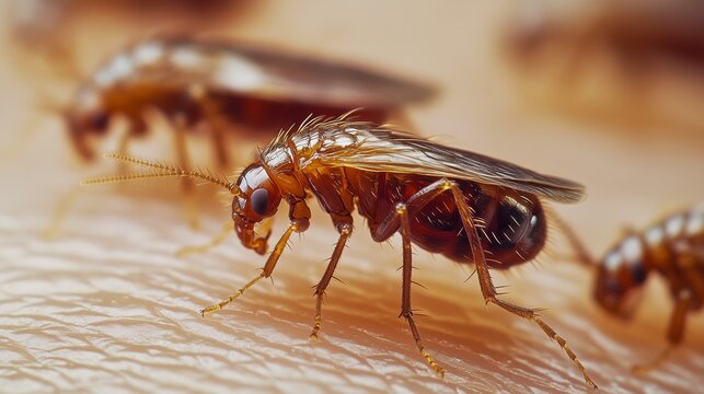 Bed bug on human skin. Detailed image of a parasite with antennae and chitinous integument at the moment of bite.