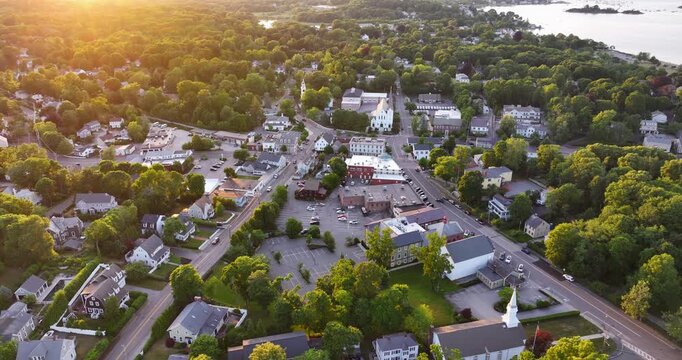 Golden Hour Aerial View of Downtown Hingham Massachusetts