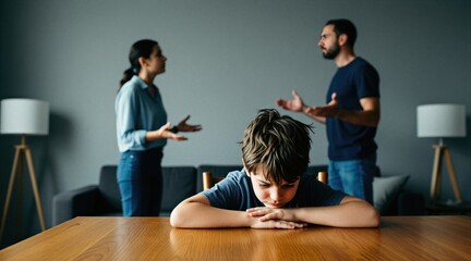 Fototapeta premium Sad child sits at table. Parents argue in background. Tense family conflict creates emotional loneliness and vulnerability for the kid. Unhappy home environment.