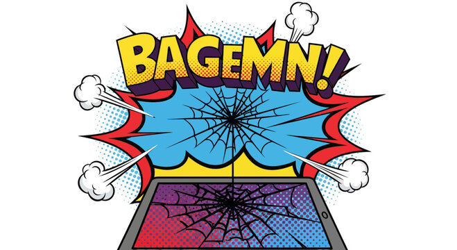 Pop art comic style illustration of a tablet with a cracked screen