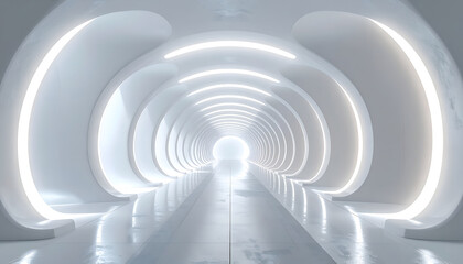 Naklejka premium Futuristic White Tunnel with Glowing Lights and Geometric Shapes.