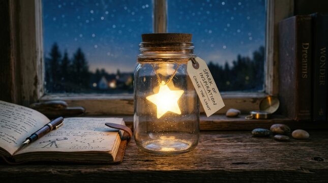 Glass jar with glowing star light on wooden windowsill with notebook and pen for cozy night background and inspirational scene for storytelling
