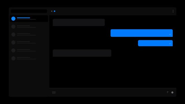 Dark mode messaging app UI design chat interface layout with animated blue message bubbles and contact list placeholder sidebar