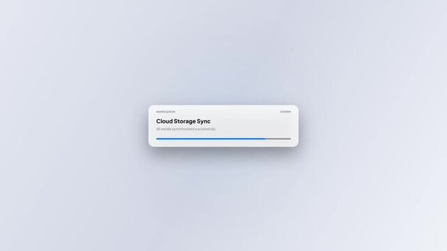 Minimalist white user interface notification element featuring cloud storage sync progress bar animation on soft gray background