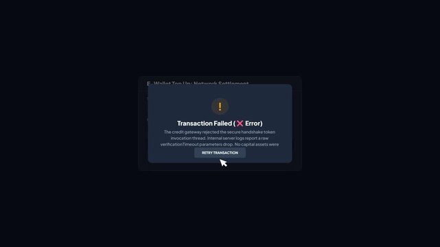 Failed e-wallet top-up transaction error popup interface on dark background detailing credit gateway handshake token invocation thread timeout parameters drop message.