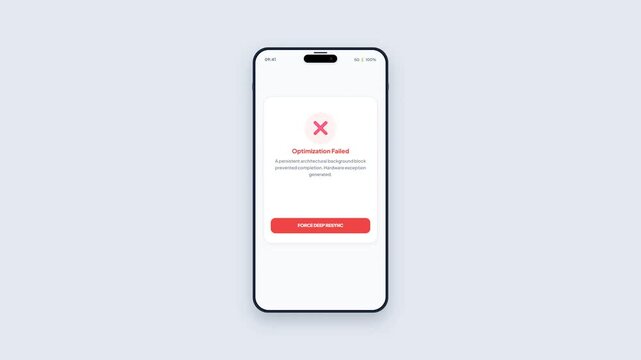Mobile Application Interface Showing Battery Saver Optimization Process and Failed Error Screen with Force Deep Resting Option