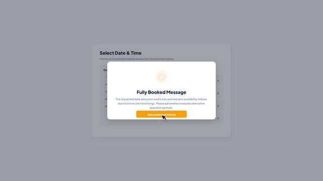 User interface showing fully booked error message on a calendar appointment reservation scheduling app screen with dark background overlay