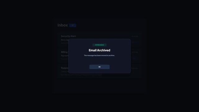 Dark Mode Inbox Dashboard Interface Displaying New Login Security Alert Email Archived Notification