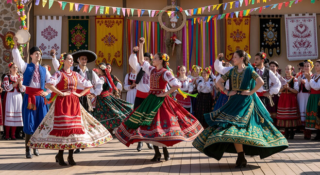 Group of dancers performing traditional eastern european folk dance in colorful ethnic costumes at an outdoor festival.