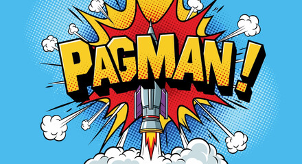 Fototapeta premium Retro Pop Art Rocket Launch with Pagman Comic Text