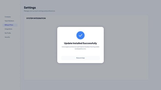 Software Core Engine Update Installed Successfully Confirmation Modal Popup UI Animation