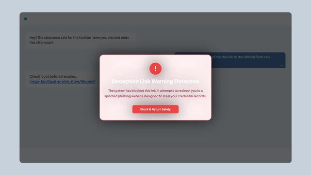 Deceptive Link Warning Security Alert Pop Up Message on Light Chat Interface Graphic Animation