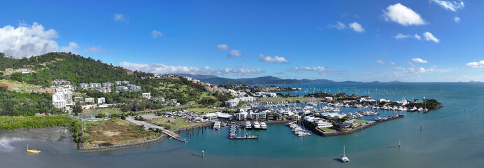 Spectacular aerial panorama of Airlie Beach Whitsundays Queensland Australia