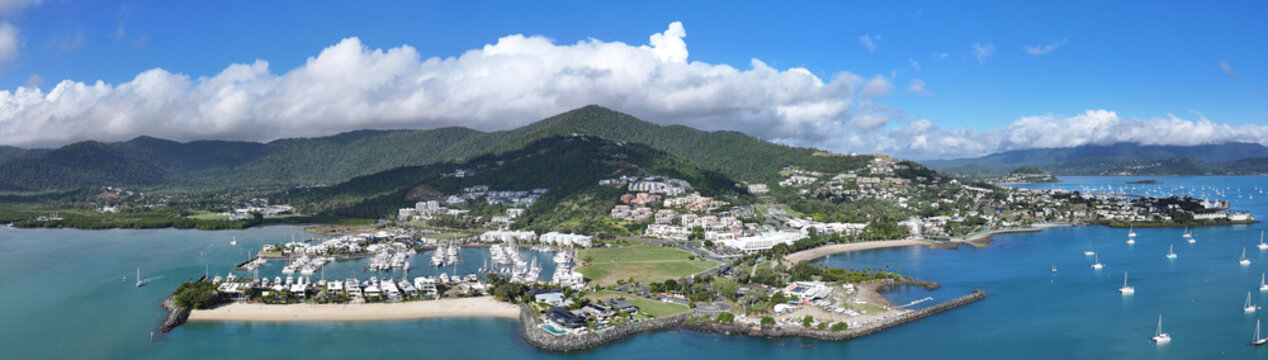 Spectacular aerial panorama of Airlie Beach Whitsundays Queensland Australia