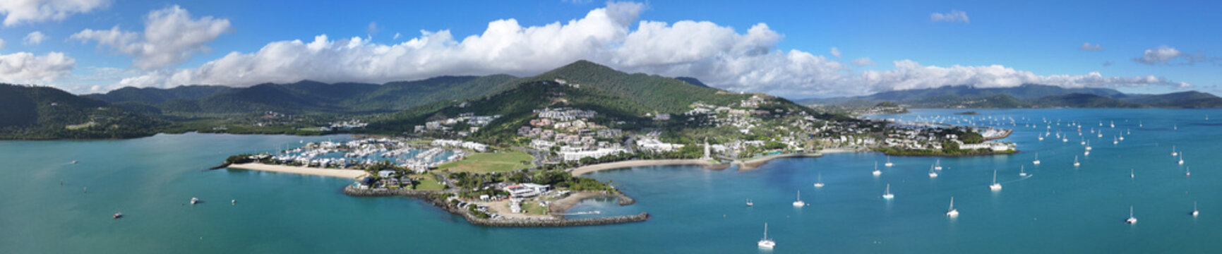 Spectacular aerial panorama of Airlie Beach Whitsundays Queensland Australia