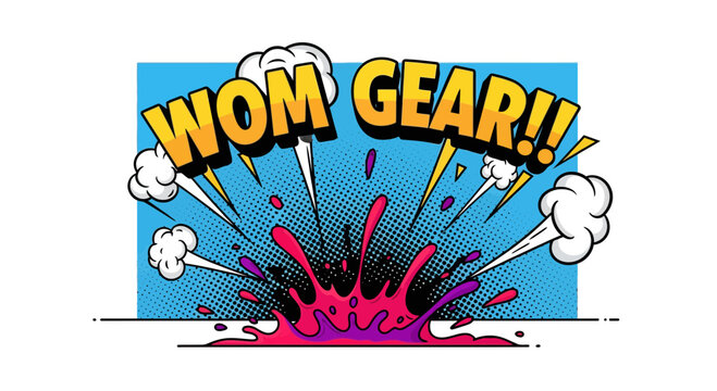 Comic style Wom Gear typography with pink paint splash