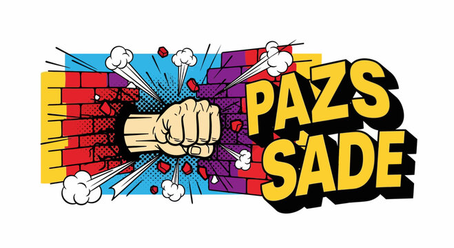 Comic style fist smashing through a brick wall with PAZS SADE text