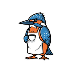 Obraz premium Cute cartoon kingfisher bird mascot wearing a barista apron and holding a coffee cup, ideal for coffee shop branding, cafe logo, or beverage-related designs.