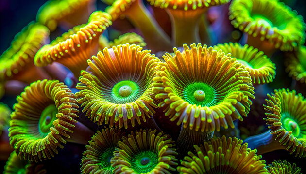 Vibrant Green and Orange Zoanthid Coral Colony Underwater Macro Shot.