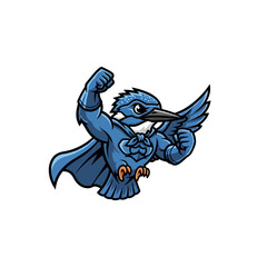 Fototapeta premium Mighty blue kingfisher superhero mascot illustration, showcasing strength and power with a cape and muscular arms, perfect for sports teams or brand identity.
