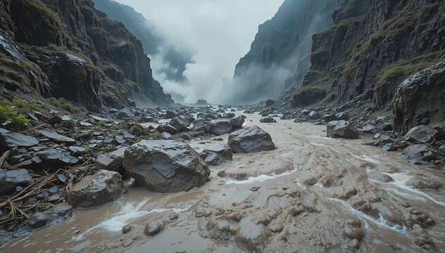 Inside Volcanic Lahar Mudflow River Rushing Hot Mud Boulders Indonesia