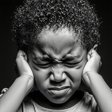 Young boy with curly hair holds hands over ears. Child grimaces in pain, feels extreme noise. Boy suffers from loud sound, experiences sensory overload, stress. Closed eyes, wrinkled nose.