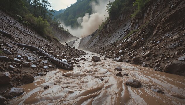 Inside Active Mudslide Flowing Mountain Slope Dark Brown Chaos Impossible