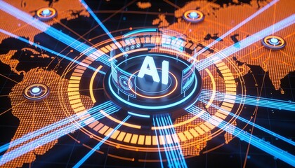 Naklejka premium AI Network Intelligence Monitoring Worldwide Internet Traffic and Digital Security