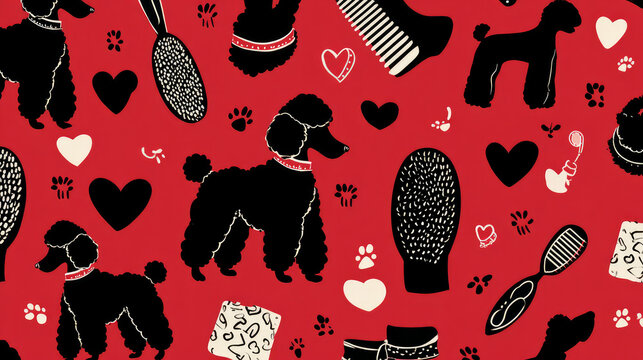 Seamless Pattern with Poodle Silhouette, Comb, Collar and Paw Prints, Cute Dog Grooming Background