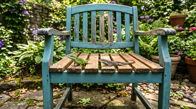 Two lizards resting on a weathered wooden chair in a garden