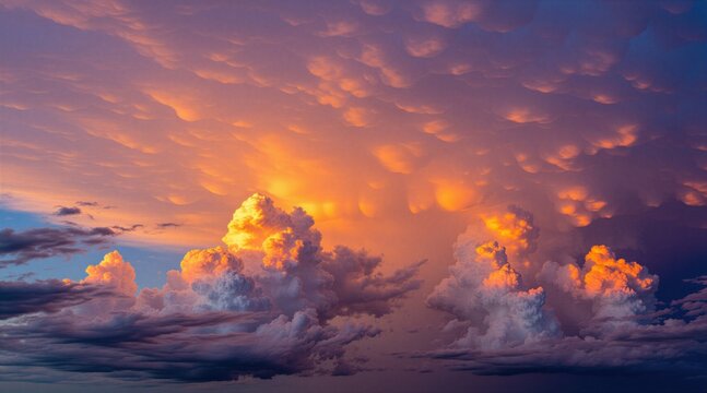 Dramatic sunset sky with mammatus clouds painted in orange, pink hues. Pouch like formations hang from thunderclouds after storm. Sky glows with fiery light, creating surreal, ominous, textured