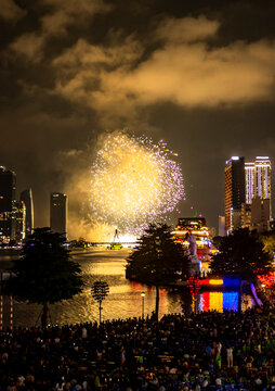 Large crowds enjoy a Firework display, in Da Nang,Vietnam.