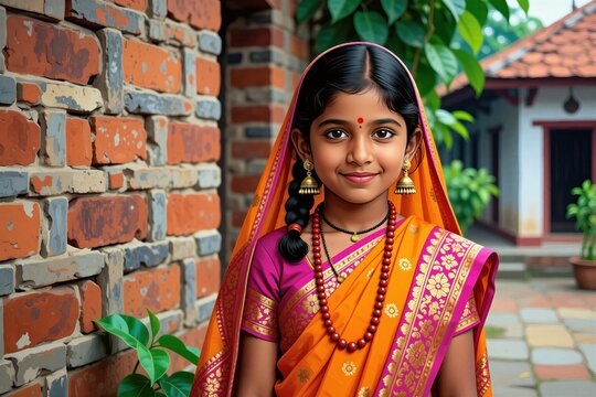 Young Indian girl wears orange and pink saree with gold trim. She has traditional jewelry, necklace, earrings and bindi dot. Girl stands near brick wall outdoors.