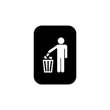No littering sign with a stylized figure throwing trash in a bin. Black rectangular shape. Keep it clean. Transparent PNG Illustration