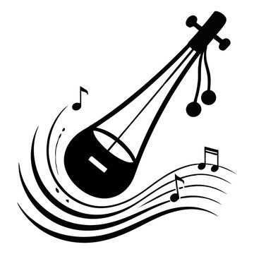 Minimal Ektara Musical Instrument Icon with Flowing Music Notes Black Silhouette Vector