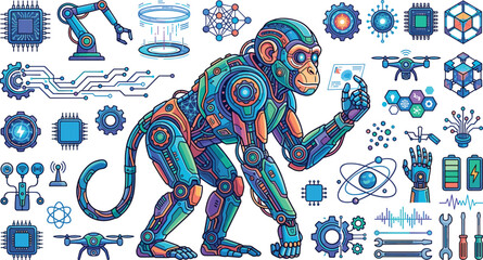 Artificial intelligence cyborg monkey vector icons set featuring futuristic robotic ape surrounded by microchips drone technology and automated industry machinery graphics © AntarChandra