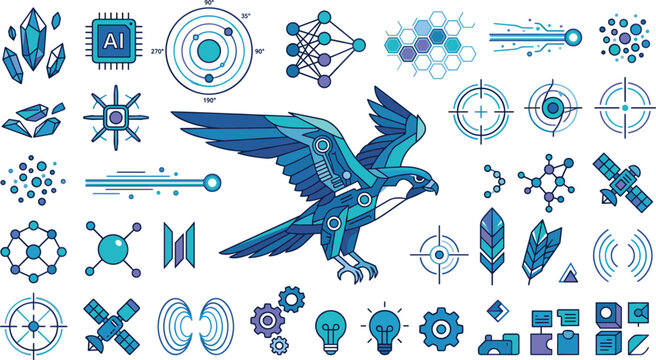 Artificial intelligence drone tech vector icons set featuring robotic cyber eagle bird with HUD interface elements for military defense software and data science presentation design